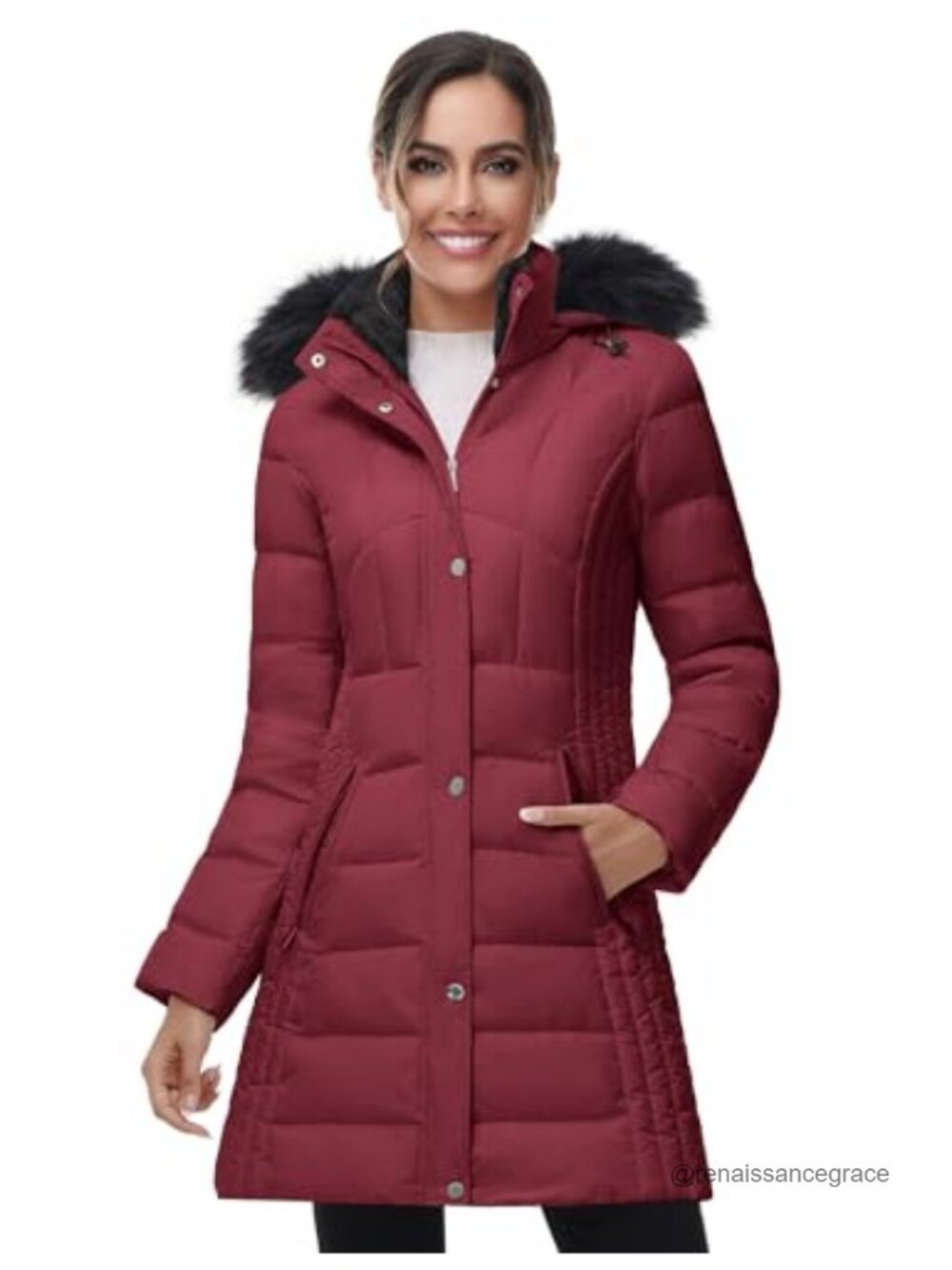 Mid-Length Hooded Down Puffer Coat 550 FP Faux Fur Trim Winter